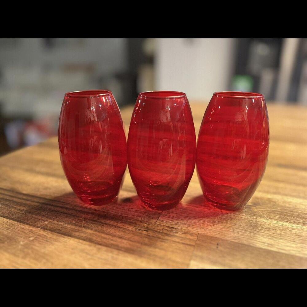 Ruby Red Crystal Stemless Wine Glasses Juice Glass Budvase 5" Tall Set Of 3